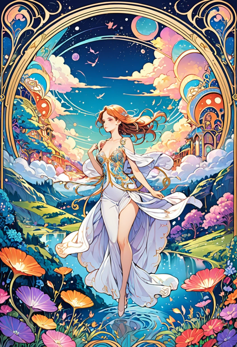 masterpiece, best quality, novel illustration, highres, 12-page spread, vibrant colors, stunning detail, gorgeous designs, evoke emotions, magical world, whimsical scenes, charming characters, lush landscape, flowing clouds, vivid imagination, enchanting atmosphere, mesmerizing scenery, dreamlike fantasy, imaginative tale, captivating storytelling, beautiful page layout, perfect composition, art nouveau style, elegant lines, intricate patterns, exquisite finesse, delicate touches, sensual allurement, romantic ambiance, intimate moments,