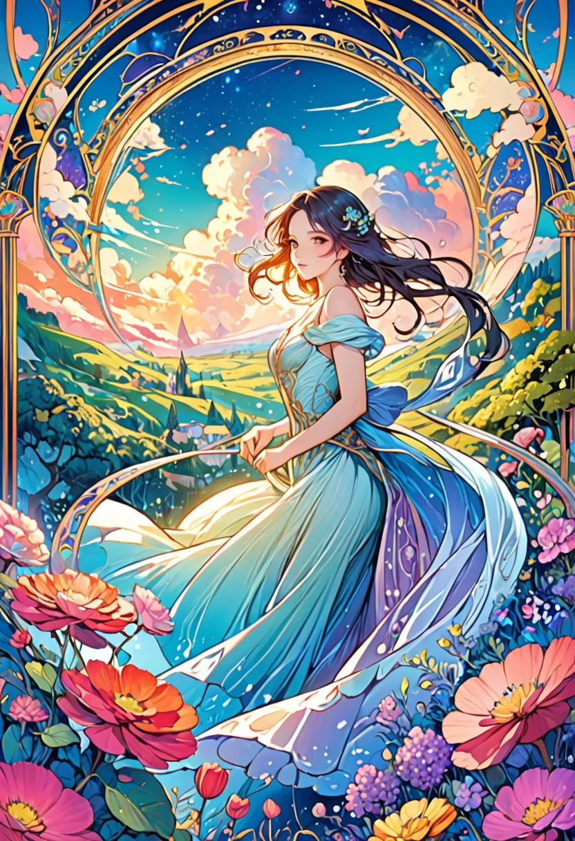 masterpiece, best quality, novel illustration, highres, 12-page spread, vibrant colors, stunning detail, gorgeous designs, evoke emotions, magical world, whimsical scenes, charming characters, lush landscape, flowing clouds, vivid imagination, enchanting atmosphere, mesmerizing scenery, dreamlike fantasy, imaginative tale, captivating storytelling, beautiful page layout, perfect composition, art nouveau style, elegant lines, intricate patterns, exquisite finesse, delicate touches, sensual allurement, romantic ambiance, intimate moments,