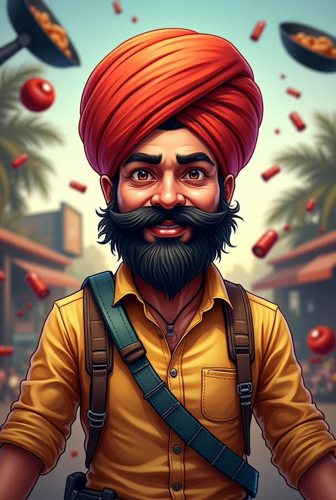 Create a half picture(include shoulder s)cartoon with punjabi turban,less beard and gun on shoulder and background with pubg items such as Pan,ganrade, AWM etc