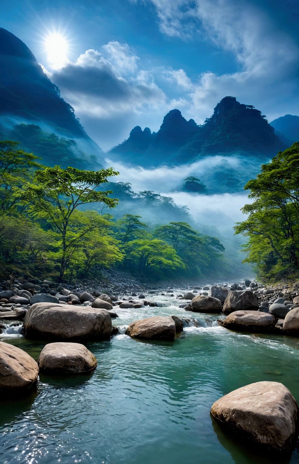 Stream water is clear and transparent,There are several bare rock mountains behind,Clouds and mist,Spectacular