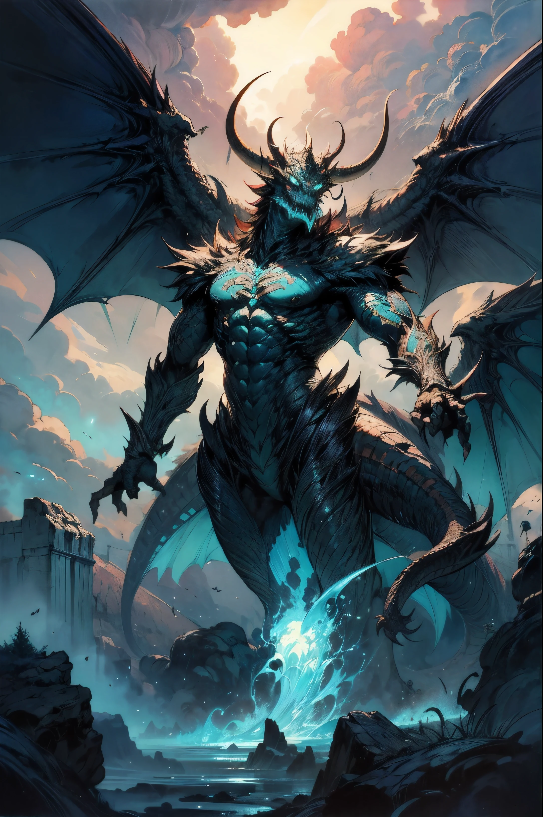(masterpiece, top quality, best quality, official art, beautiful and aesthetic:1.2), extreme detailed, a scene of Ugin the spirit dragon, imposing, majestic, open wings, silver and jade color, slim body, closed mouth, serious looking, tragic atmosphere, clouds, spitting blue fire, huge horns, huge wings, ink and watercolor painting, art by Arthur Rackham