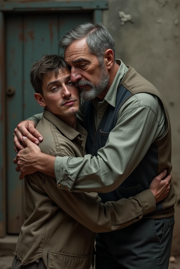 Draw the father's older son , who is dirty himself, like his father, who is clean embraces