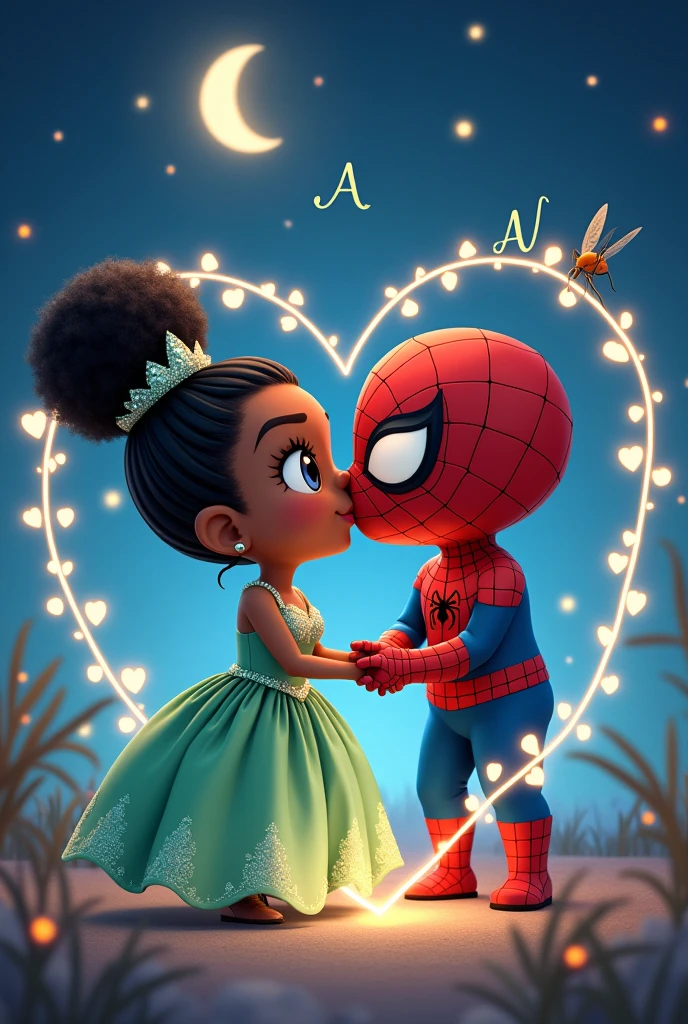 Tiana in a green princess dress with diamonds decorating her dress kissing Spiderman but the image must be chibi and the background must be night with the moon and with many stars like Evangeline who appears in the movie and Ray must appear making several hearts with his light and the initials A and V must appear and a white heart with cursive letters must surround it. 