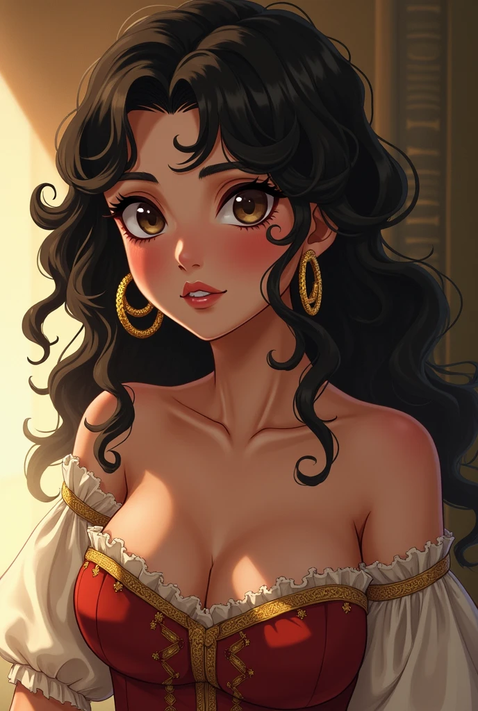 Olive skin, Curly black hair, Goldohrringe, full breasts, reddened cheeks, Antiquity, Kleidungsstil Antiquity, anime style
