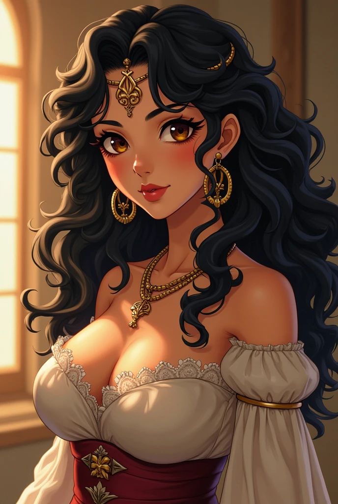 Olive skin, Curly black hair, Goldohrringe, full breasts, reddened cheeks, Antiquity, Kleidungsstil Antiquity, anime style