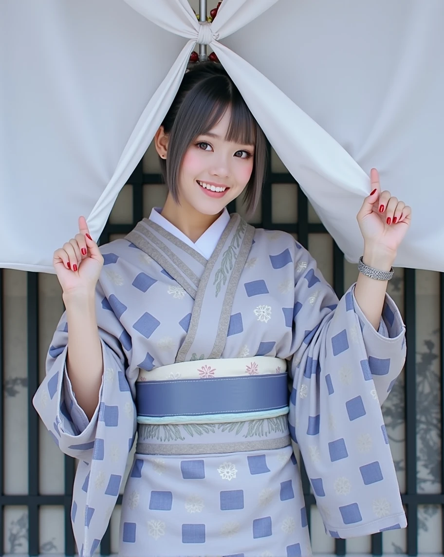 (RAW photo, best quality, masterpiece: 1.2), (photorealistic: 1.4), best lighting, 20 years old, (smile, kimono, detail face, detail eyes, light gray eyes, light gray hair, short straight bob cut, Symmetrical eyes :1.3)