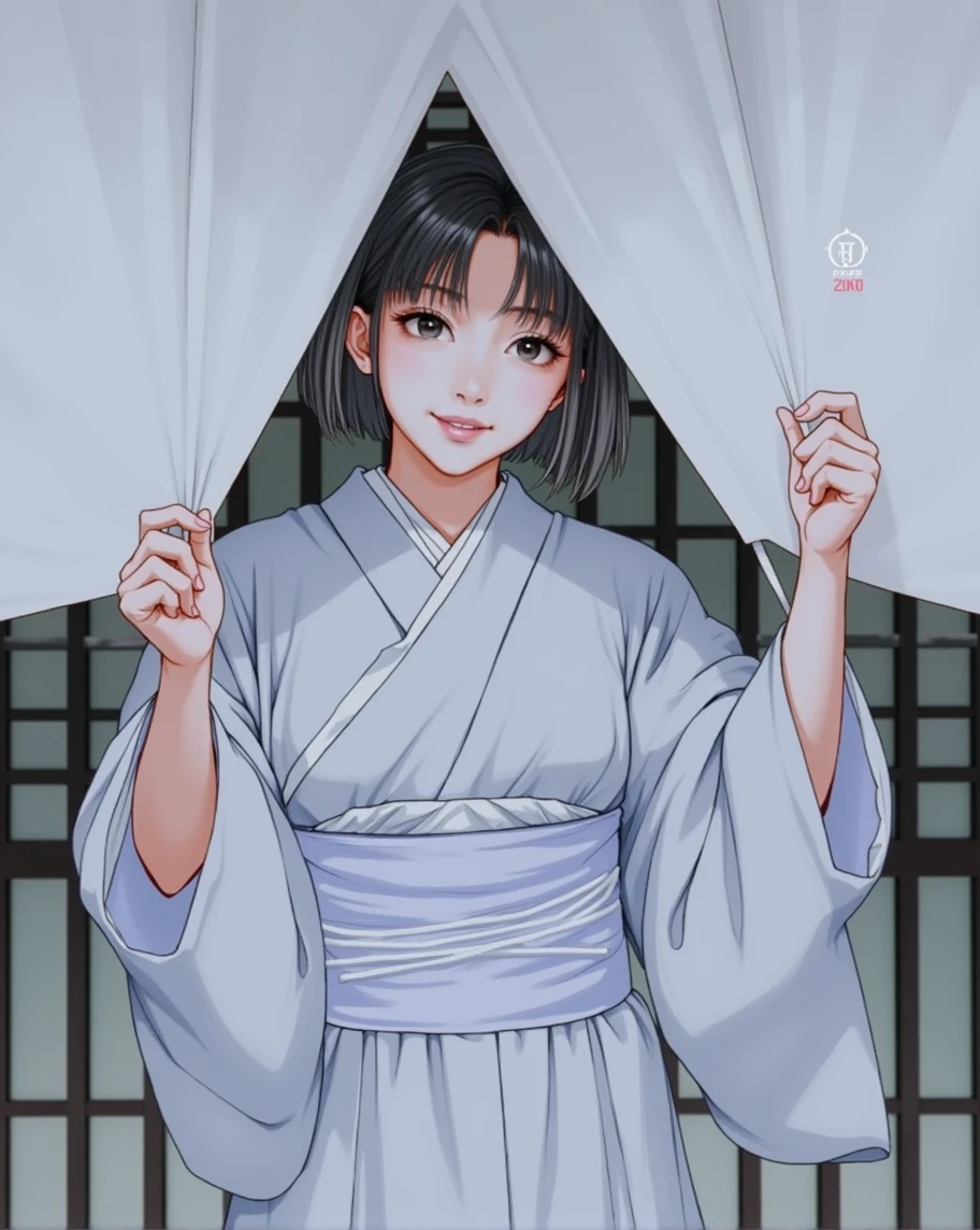 (RAW photo, best quality, masterpiece: 1.2), (photorealistic: 1.4), best lighting, 20 years old, (smile, kimono, detail face, detail eyes, light gray eyes, light gray hair, short straight bob cut, Symmetrical eyes :1.3)