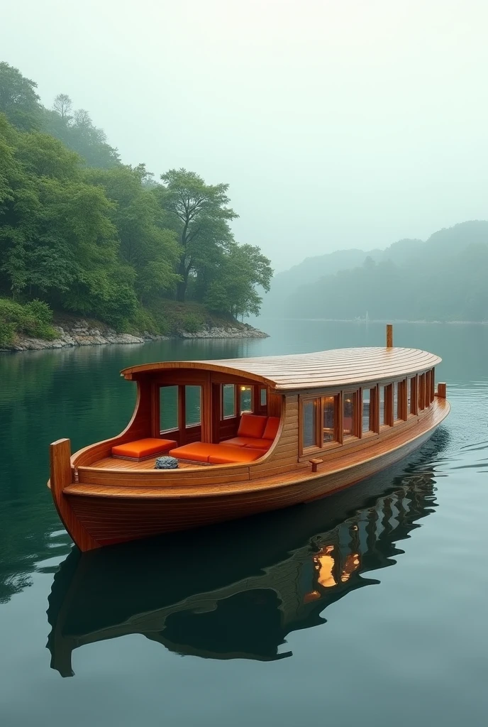 The image shows a wooden boat floating on a body of water. The boat is made of a curved wooden structure with multiple windows on the sides, allowing natural light to enter the space. The interior of the boat is furnished with orange cushioned seating and a wooden deck. The sky is overcast and there are trees in the background, creating a peaceful and serene atmosphere. The water is calm and still, reflecting the boat and the surrounding landscape.