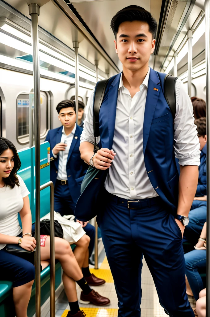 1人，A 20-year-old man in the subway，Standing in a subway car，Ultra-flat head，Wearing a suit and pants，huge bulge, leg apart，musculous，Handsome，Look at your phone，Wear AirPods，Wear an Apple Watch， backpack，white short socks，White sneakers，pervert smirk，exhilarated，full bodyesbian，Exposing thighs，Expose calves，Thick leg hair，In crowded subway cars，gentlesoftlighting，tmasterpiece，best qualtiy，8K UHD，digital SLR camera，filmgrain，Fujifilm XT3 Realistic painting art，Written by Midjourney and Greg Rutkowski