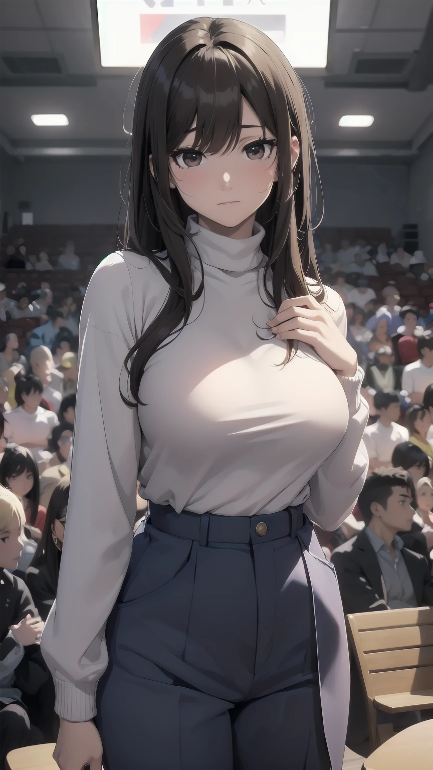 masterpiece, Highest quality, High resolution, One Girl, ponytail茶色の目,big , 青いuniform、Cowboy Shot、Muscular body、blush、Sweat、Composition from the front、anime、(((uniform、Brown turtleneck inner、Blue trousers、Stand in front、audience、Shaking breasts、 I&#39;m looking forward to)))、((Wrestling Arena)), (ponytail、青いuniform), (Slender body, 発Sweat, Embarrassing、blush), Mature Woman, Mature Woman