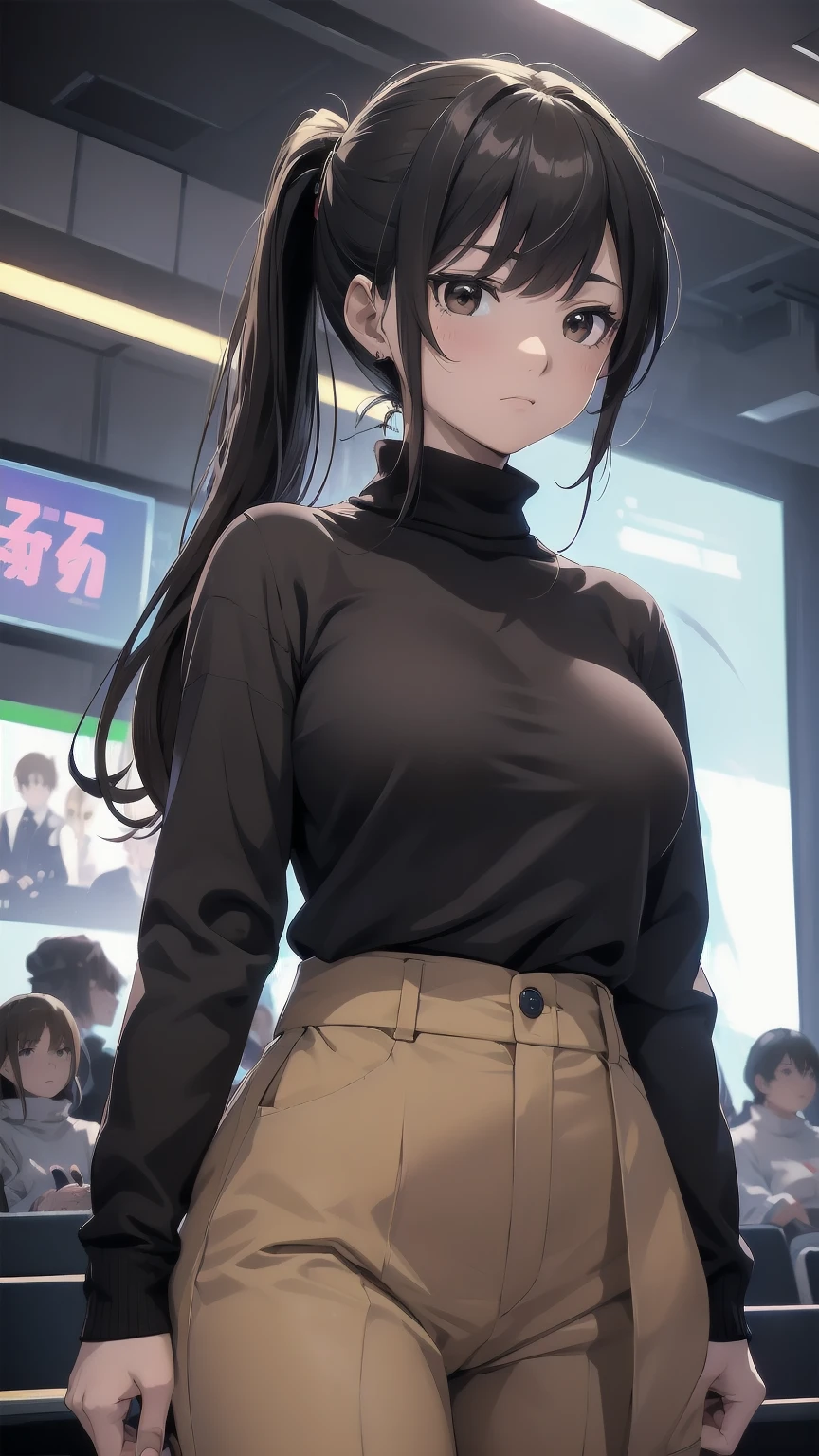 masterpiece, Highest quality, High resolution, One Girl, ponytail茶色の目,big , 青いuniform、Cowboy Shot、Muscular body、blush、Sweat、Composition from the front、anime、(((uniform、Brown turtleneck inner、Blue trousers、Stand in front、audience、Shaking breasts、 I&#39;m looking forward to)))、((Wrestling Arena)), (ponytail、青いuniform), (Slender body, 発Sweat, Embarrassing、blush), Mature Woman, Mature Woman