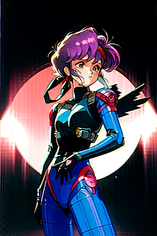 Kenichi Sonoda, retro art-style, official style, Pris, bubblegum crisis, very aesthetic, masterpiece, best quality, anime key-visual, intricate, overall detail, 1girl, She is wearing a hard suit with the face guard down so her face is not visible.