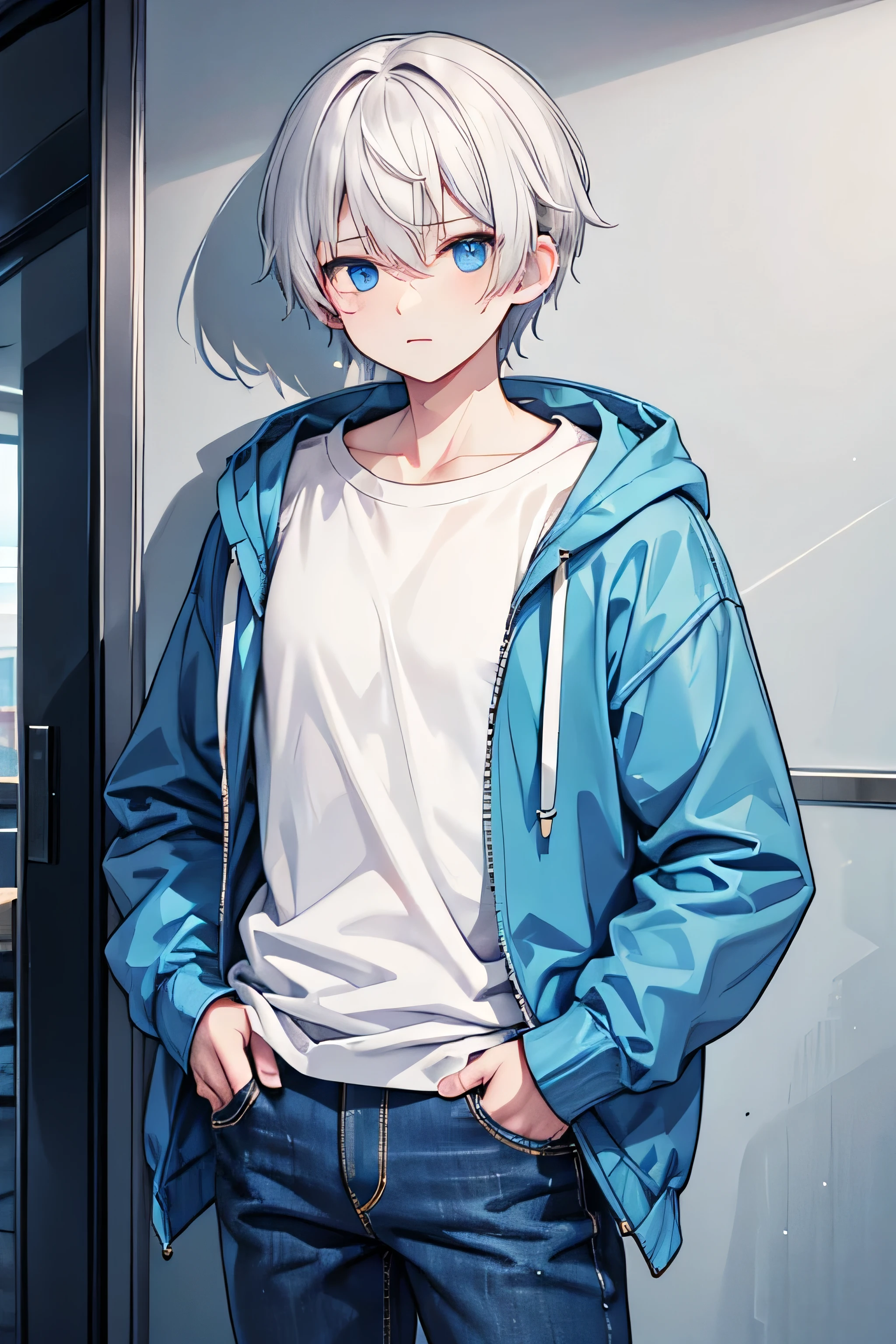 Man with short white hair, blue eyes, yellow hoodie and jeans