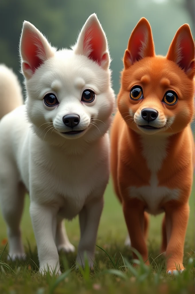 Then two dogs with white fur and black eyes and a dog with red fur and yellow eyes turned and saw something