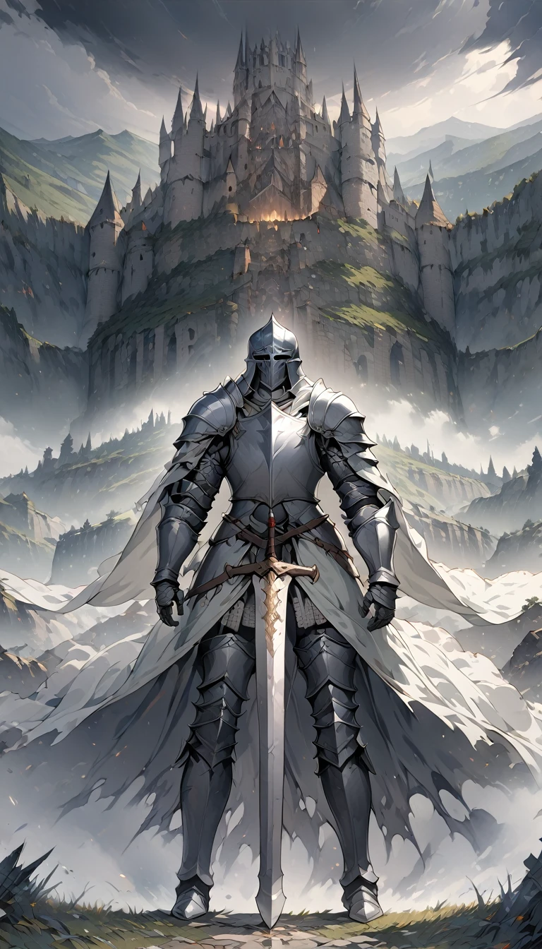 (8k unit wallpaper CG highly detailed, masterpiece, Highest quality, Very detailed), (((alone))), ((Wide Shot:1.5)), (Paladin with legendary sword), (Thematic Backgrounds), Medieval, Nice views, Dark and ominous environment, (Dark Souls 3, Illustrator, (Best illustrations)