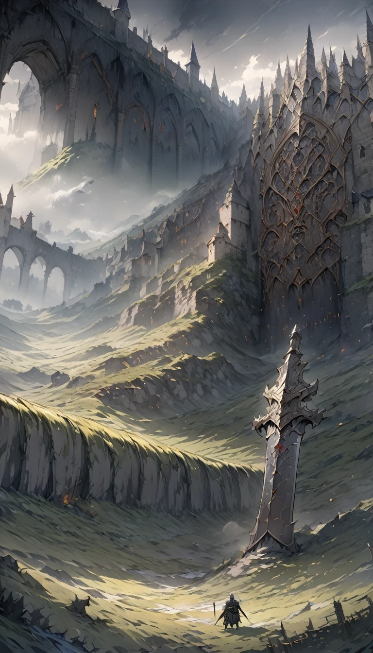 (8k unit wallpaper CG highly detailed, masterpiece, Highest quality, Very detailed), (((alone))), ((Wide Shot:1.5)), (Paladin with legendary sword), (Thematic Backgrounds), Medieval, Nice views, Dark and ominous environment, (Dark Souls 3, Illustrator, (Best illustrations)