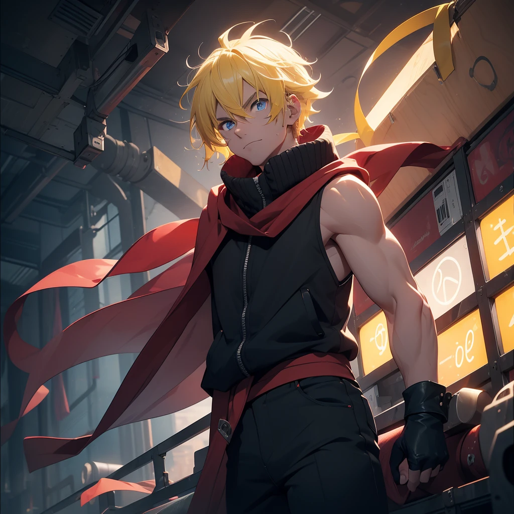 (26 years old), (male), Yellow hair, (Blue eyes), (whisker mark), (wavy hair), red scarf, red vest, sleeveless, black pants, black gloves, Athletic body, up to legs