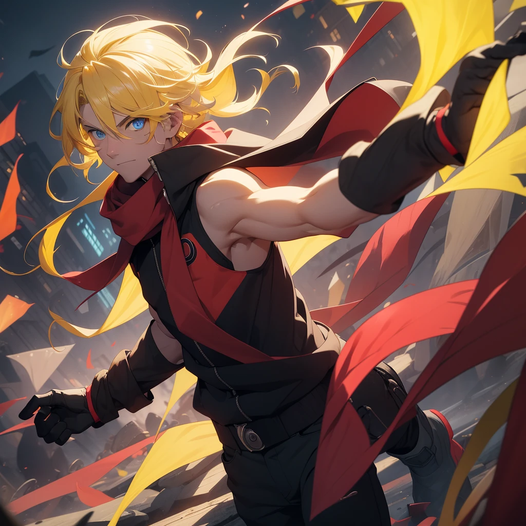 (26 years old), (male), Yellow hair, (Blue eyes), (whisker mark), (wavy hair), red scarf, red vest, sleeveless, black pants, black gloves, Athletic body, up to legs