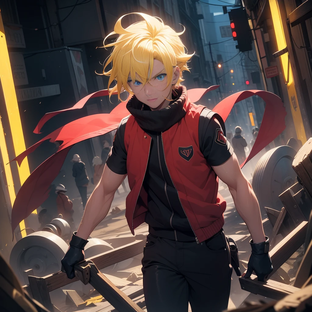 (26 years old), (male), Yellow hair, (Blue eyes), (whisker mark), (wavy hair), red scarf, red vest, sleeveless, black pants, black gloves, Athletic body, up to legs