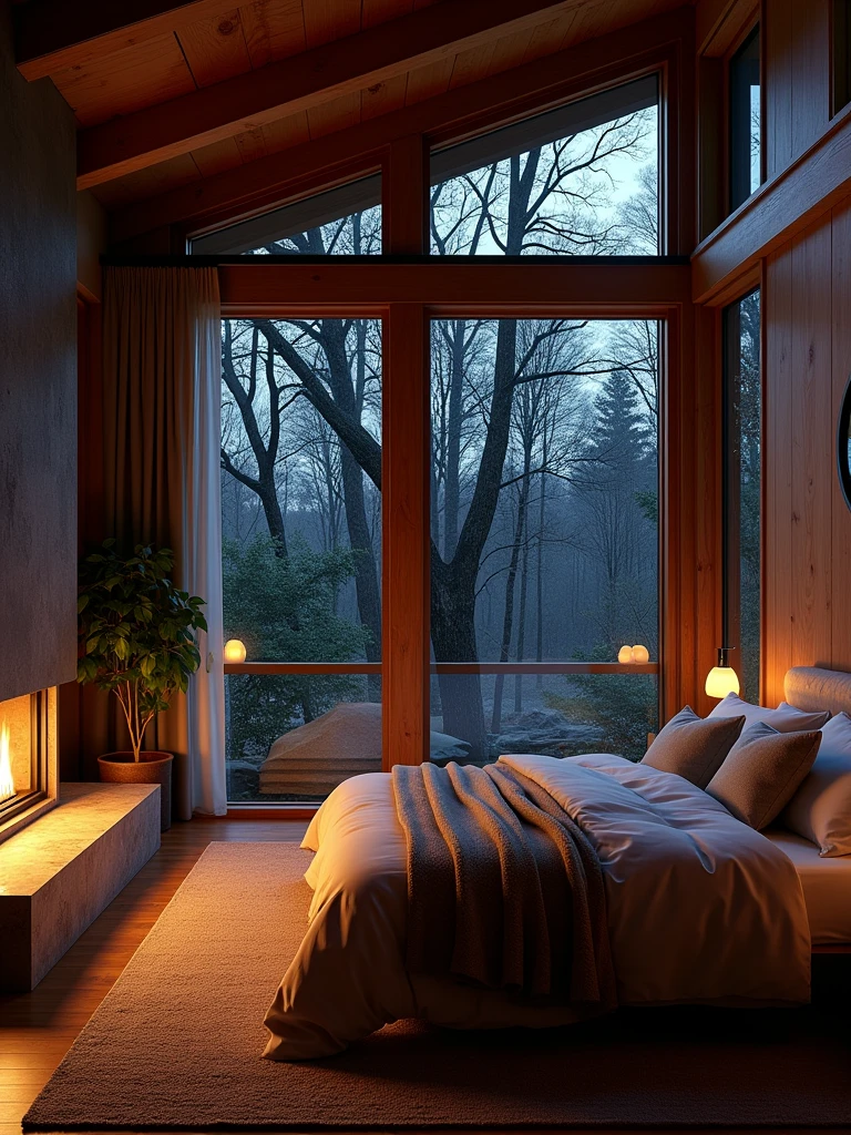 arafed bedroom with a fireplace and a large bed in front of a window, large windows to forest at night, cozy treehouse bedroom, cozy and calm, cozy atmospheric, luxurious wooden cottage, cozy room, soothing and cozy landscape, cozy and peaceful atmosphere, cozy lighting, dark bedroom, cozy setting, cozy environment, cozy place, modern house in the wood, very cozy