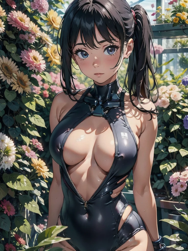 high quality, 最high quality, Realistic, RAW Photos, Realistic, Ultra-realistic 8K CG, Super detailed, High resolution, masterpiece, 1 girl, 18-year-old, Beautiful face of a woman, Soft Face, elegant, Detailed Texture, Cute cyborg girl posing for a photo, high school student, biomechanical boobs,solo、School Swimsuit、A greenhouse full of flowers