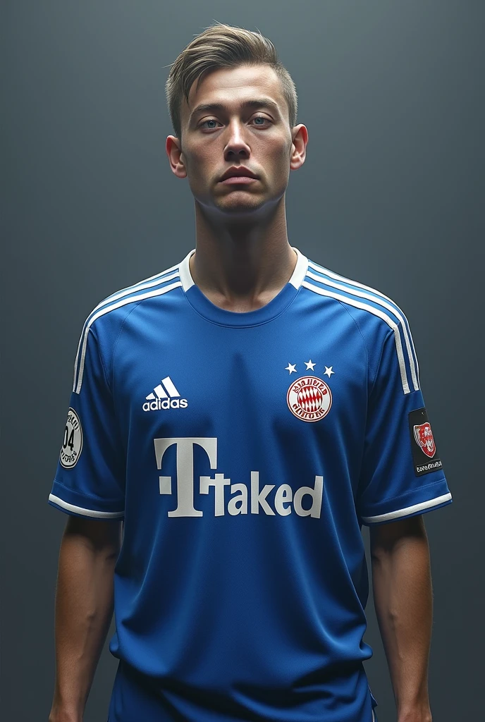Make me a picture of Bayern Munich player Paul Wanner wearing a Schalke 04 jersey