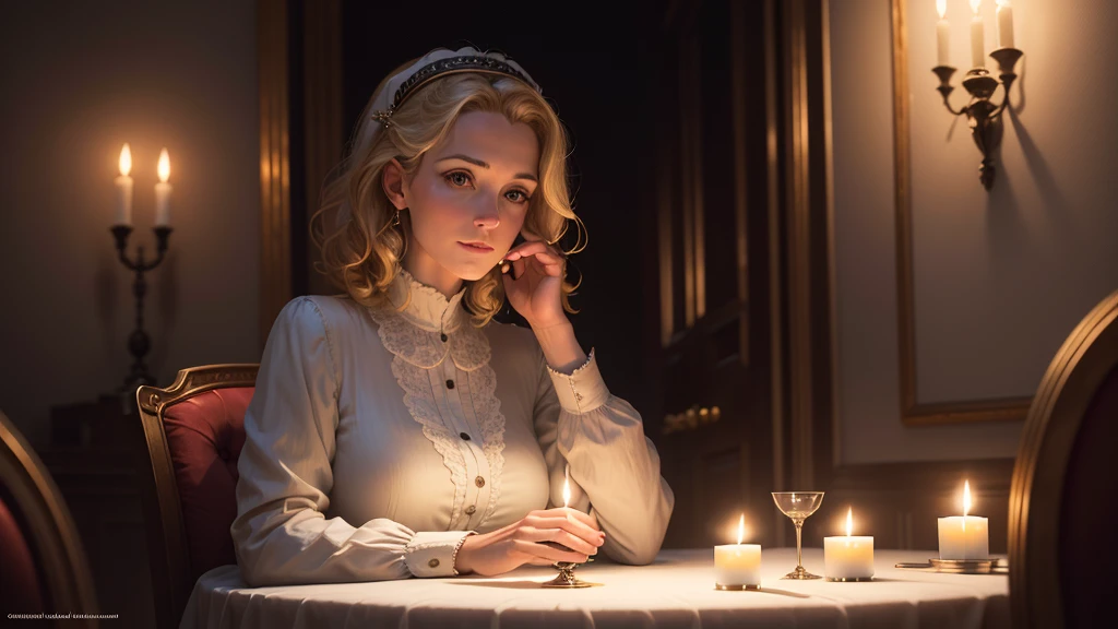A woman sitting at a table with a candle in her hand, Candlelight, Delphine Enjolas, Albert Lynch, hildebrandt, Charles Sillem Lidderdale, greg hildebrandt highly detailed, Candlelight, hildebrandt兄弟, Pierre-Auguste Cotte, Delphine Anjoras, Candlelight, hildebrandt兄弟