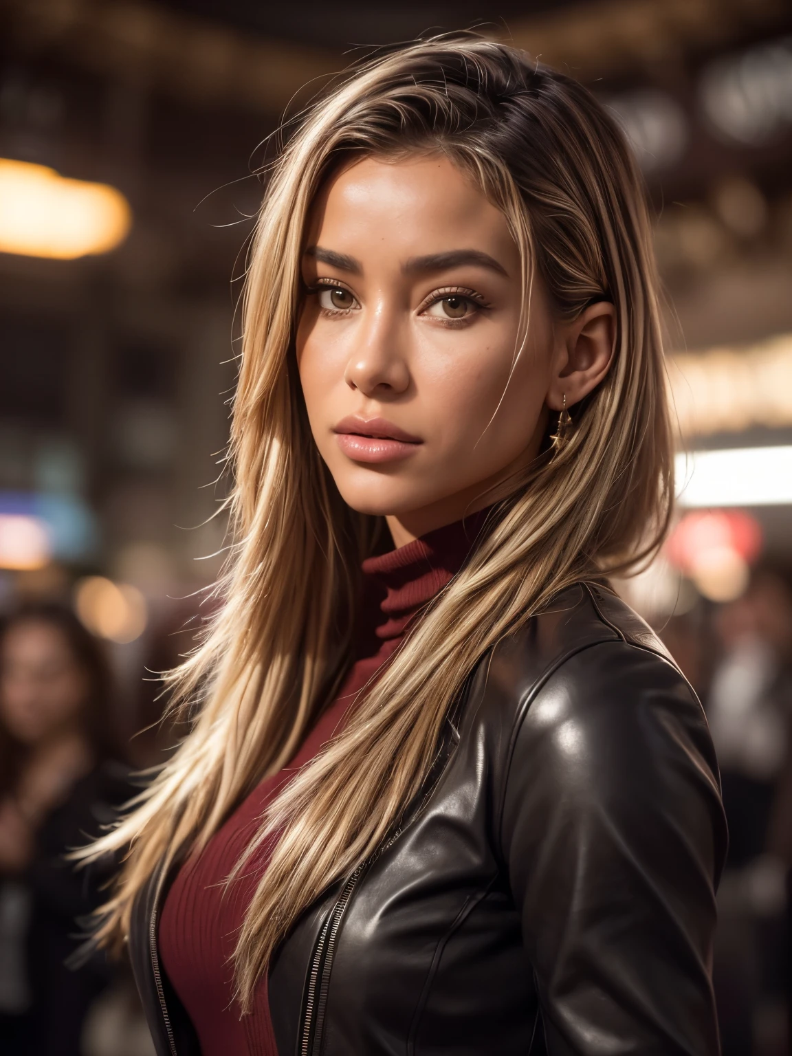 photo of Cindy Prado, a woman as a movie star, modelshoot style, (extremely detailed CG unity 8k wallpaper), (closeup portrait:!.1), photo of the most beautiful artwork in the world, professional majestic oil painting by Ed Blinkey, Atey Ghailan, Studio Ghibli, by Jeremy Mann, Greg Manchess, Antonio Moro, trending on ArtStation, trending on CGSociety, Intricate, High Detail, Sharp focus, dramatic, photorealistic painting art by midjourney and greg rutkowski, (long brown coat), (turtleneck), ((comicon event)), (leather trousers), ((standing on the red carpet)), ((paparazzi in the background)), (looking at viewer), (detailed pupils:1.3), (modern outfit:1.2), (closeup), red lips, (eye shadow)