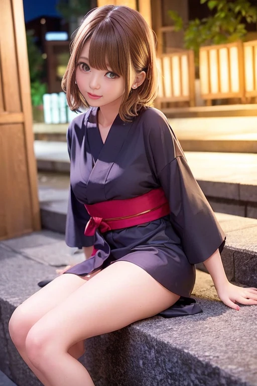 Night Festival、Fireworks、stall、(Cute yukata、Beautiful yukata、Sexy Yukata、Yukata Cosplay)、A girl sitting on stone steps、Long raw legs、Bust Emphasis、Short Bob Hair、Medium breast、masterpiece:1.3、Raw photo quality、Highest quality、Detailed Images、Detailed Background、