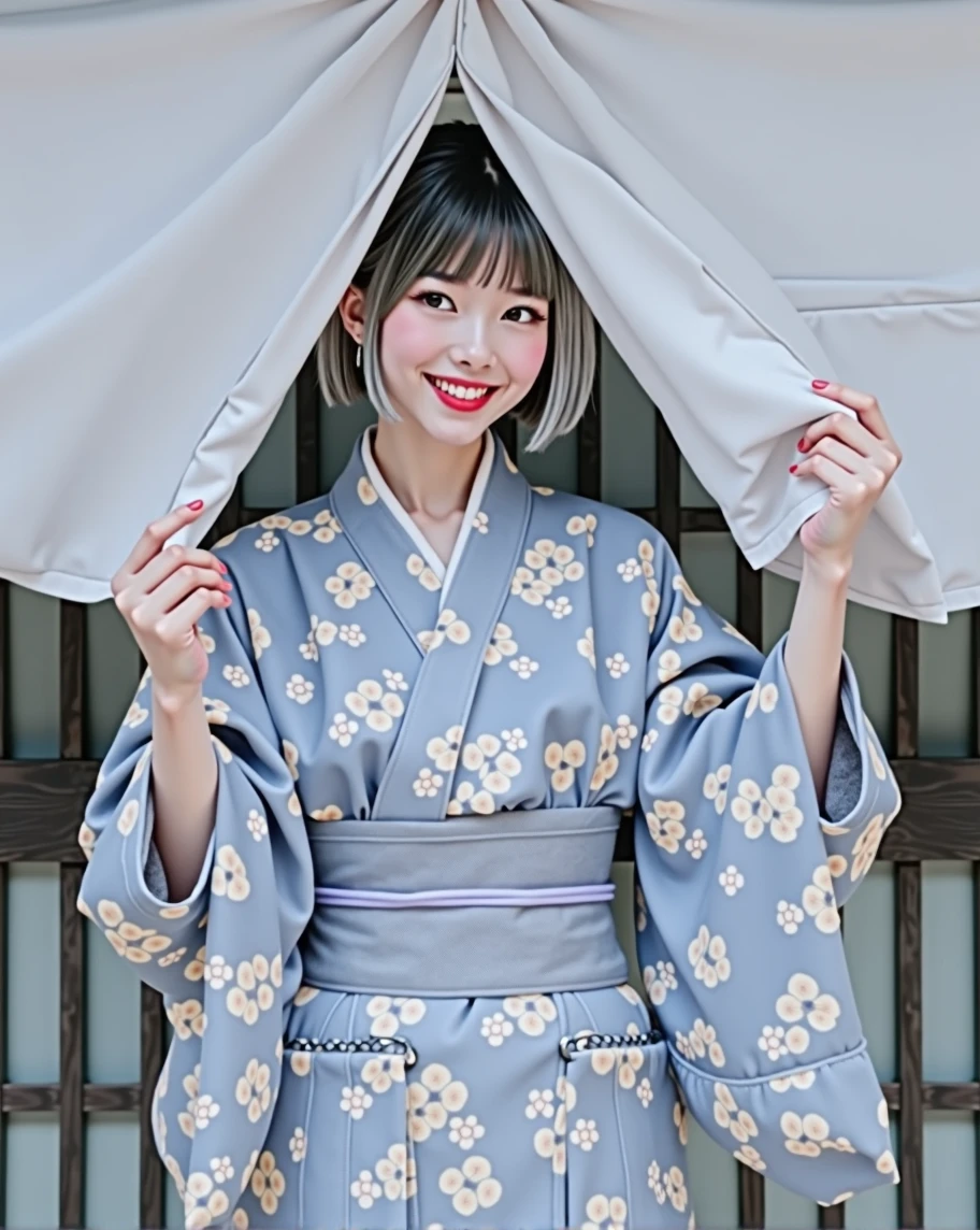 (RAW photo, best quality, masterpiece: 1.2), (photorealistic: 1.4), best lighting, 20 years old, (smile, kimono, detail face, detail eyes, light gray eyes, light gray hair, short straight bob cut, Symmetrical eyes :1.3)