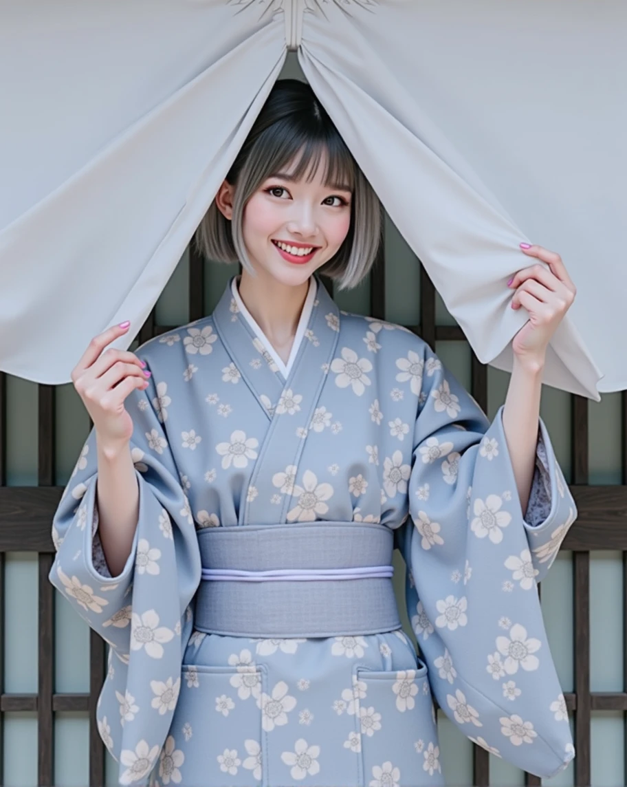 (RAW photo, best quality, masterpiece: 1.2), (photorealistic: 1.4), best lighting, 20 years old, (smile, kimono, detail face, detail eyes, light gray eyes, light gray hair, short straight bob cut, Symmetrical eyes :1.3)