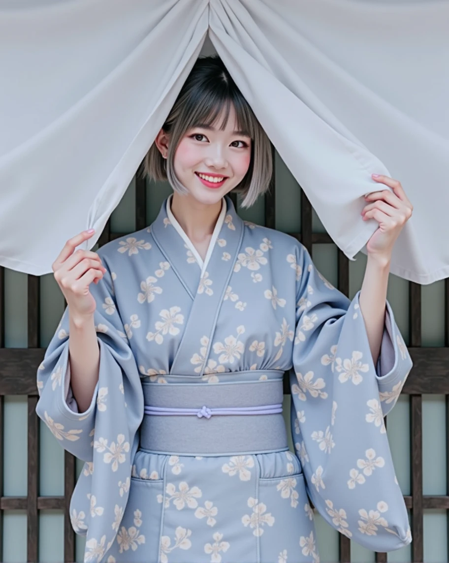 (RAW photo, best quality, masterpiece: 1.2), (photorealistic: 1.4), best lighting, 20 years old, (smile, kimono, detail face, detail eyes, light gray eyes, light gray hair, short straight bob cut, Symmetrical eyes :1.3)