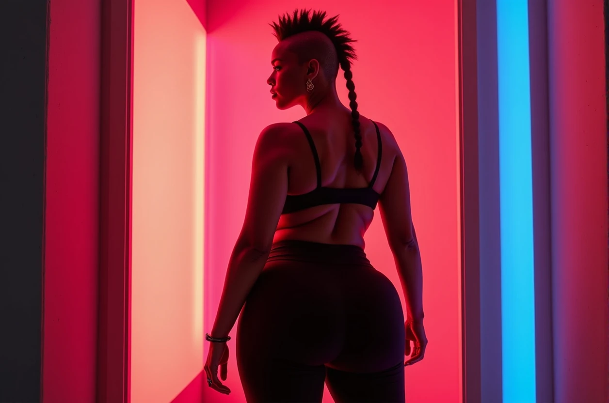 objective: (), Photography, mohawk hairstyle Woman with tan skin complexion while she is wearing bikini, Womanly, impossibly small tiny waist abs waistline, portraits, circumference of lower extremities far exceeds 80 inches hips, hyper realistic, she has massively immense hip measurements, intense detail, with the worlds largest buttocks, location random, A bottom-heavy, superior body part, ((masterpiece)), voluptuous lower body, feminine figure, illuminated from the back, bold leggings, Reductionist form, mujercore, vapour wave, bold lines, in the style of Mike Campau, Iris Van Herpen, Howard Schatz, neon and fluorescent lights, Russian-Western, an Inferior Physical Goddess, UHD, embodying a fusion of Christina Hendricks and Jessica Chastain, no nudity, ((Jessica Chastain (with a nod to Christina Hendricks and Claudia Allende))), (((best quality))), no nsfw