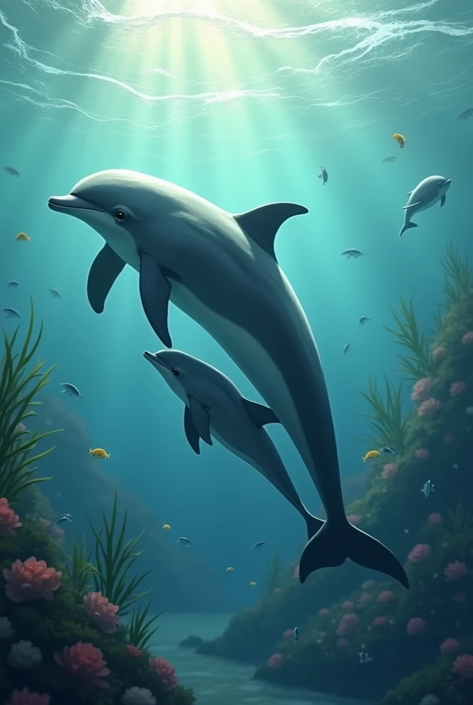 Mother dolphinbrings her babydolhin