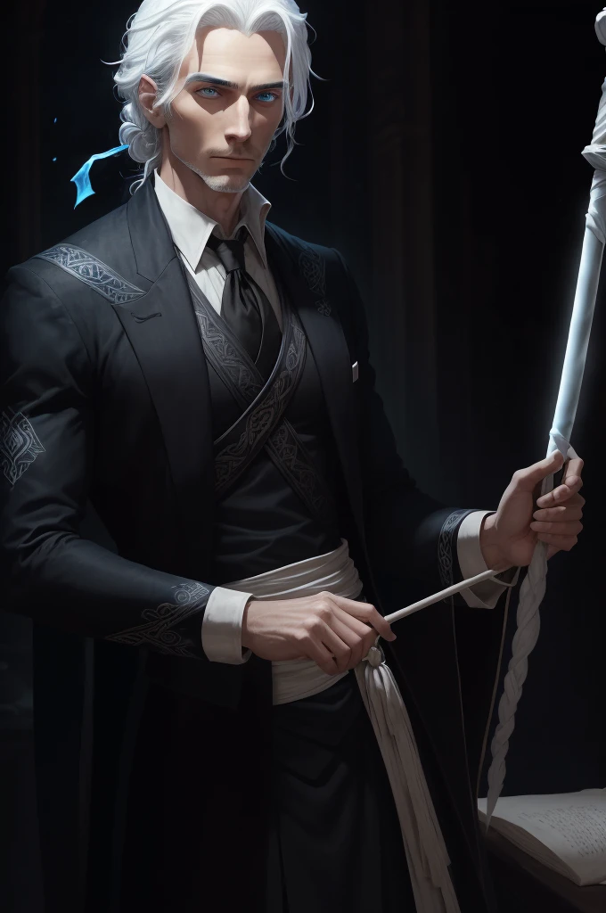 A man with blue eyes, a black suit, white hair, medium-length hair tied back, and an average body build, is holding a staff embroidered with white on black. He holds the wand towards the parchment on the table and casts a spell. His entire body can be seen in a dimly lit environment. digital art