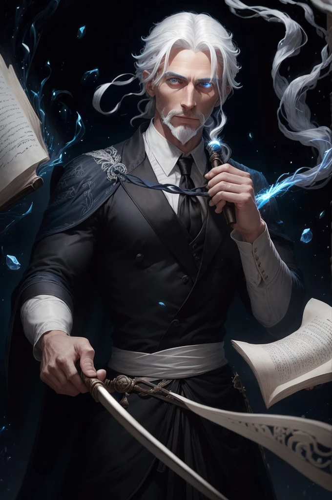 A man with blue eyes, a black suit, white hair, medium-length hair tied back, and an average body build, is holding a staff embroidered with white on black. He holds the wand towards the parchment on the table and casts a spell. His entire body can be seen in a dimly lit environment. digital art