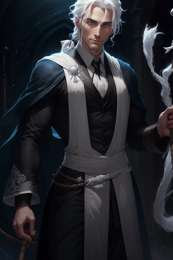 A man with blue eyes, a black suit, white hair, medium-length hair tied back, and an average body build, is holding a staff embroidered with white on black. He holds the wand towards the parchment on the table and casts a spell. His entire body can be seen in a dimly lit environment. digital art