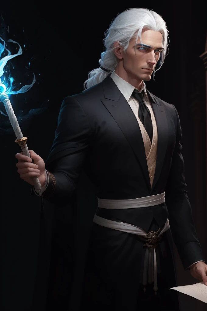 A man with blue eyes, a black suit, white hair, medium-length hair tied back, and an average body build, is holding a staff embroidered with white on black. He holds the wand towards the parchment on the table and casts a spell. His entire body can be seen in a dimly lit environment. digital art