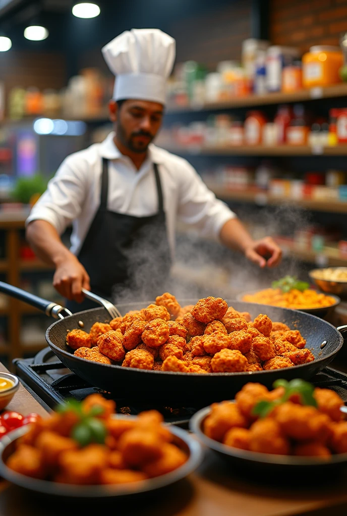 Chicken fry live cooking a Cook and serving fir sample to customers in Kerala supermarket with promotional display table