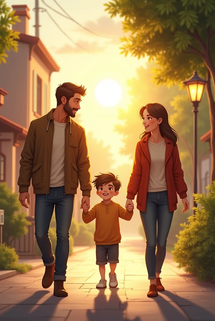 create a boy with his mother and father walking back home