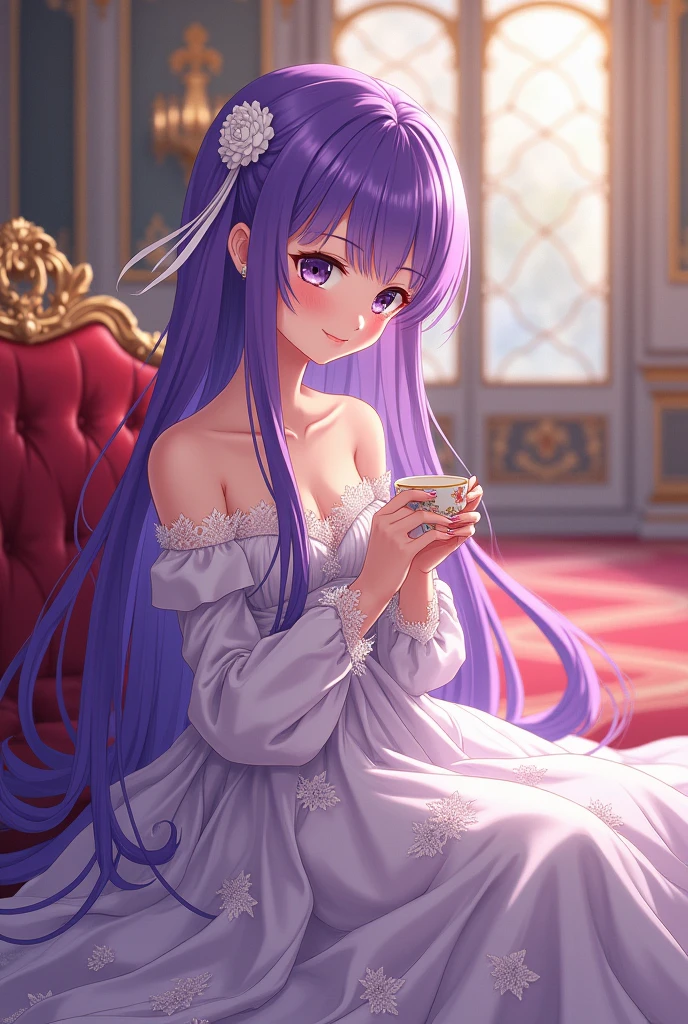 anime girl purple hair, wear a dress content tea cup royal