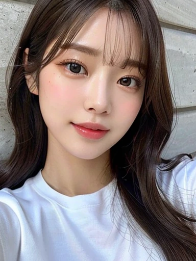 masterpiece、Highest quality、photorealistic、Ultra high definition、High resolution、16K wallpaper、Super detailed、Fine details、Natural lighting、In front of a uniformly flat concrete wall、Selfie of one woman, Highly detailed face and skin texture、Natural Makeup、A small smile、Detailed eyes、Symmetrical black eyes、Inward-curling wavy layered medium hair、High quality white tight t-shirt、Gorgeous girl, Japanese Gravure Idol