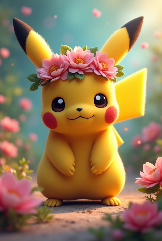 a cute pikachu, floral fantasy motif, detailed flower crown, magical garden, vibrant colors, whimsical atmosphere, soft lighting, detailed rendering, 8k, high resolution, masterpiece, photorealistic