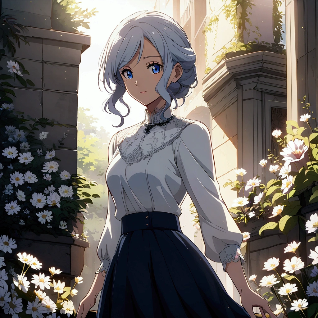 anime style, adult, friendly, blue eyes, long platinum hair, modest outfit, elegant style, slim body, white blouse, midi skirt, elegant, flowers, sunlight.