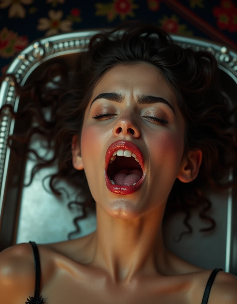 (A young and very beautiful woman is lying on a large silver tray:1.4)、(mouth wide open:1.5)、(Frowning detailed eyebrows:1.5)、Eyes closed:1.1、Detailed sweaty skin、Detailed eyelids、saliva、Detailed teeth、Detailed tongue、Blushing、Ears are red、Close up on face、Secret Clubs、Shot from above、