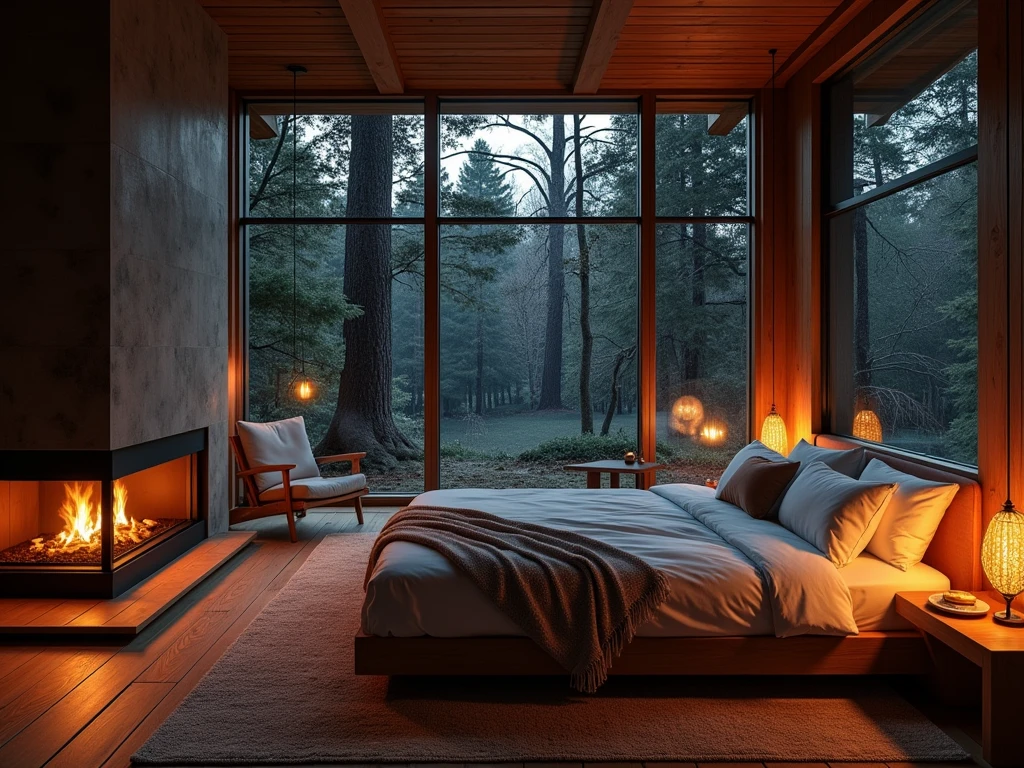 arafed bedroom with a fireplace and a large bed in front of a window, large windows to forest at night, cozy treehouse bedroom, cozy and calm, cozy atmospheric, luxurious wooden cottage, cozy room, soothing and cozy landscape, cozy and peaceful atmosphere, cozy lighting, dark bedroom, cozy setting, cozy environment, cozy place, modern house in the wood, very cozy