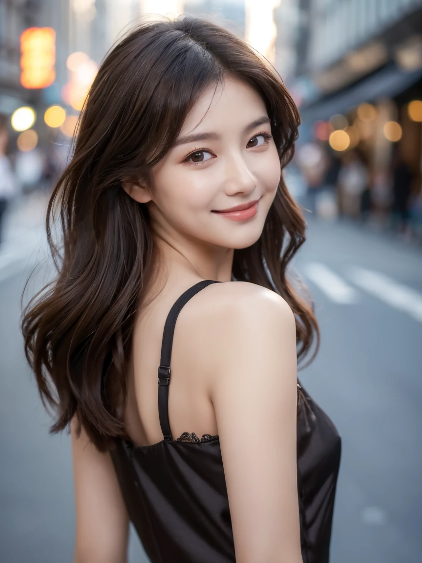 ((best quality, 8k, masterpiece :1.3)), 1 girl, smiling, whole body, face slimming, pretty Woman, (Dark brown hair), full length short dress :1.1, Super detailed faces, delicate eyes, double eyelids, long wavy hair, blurred background, face slimming, City, external, street, Random body orientation,