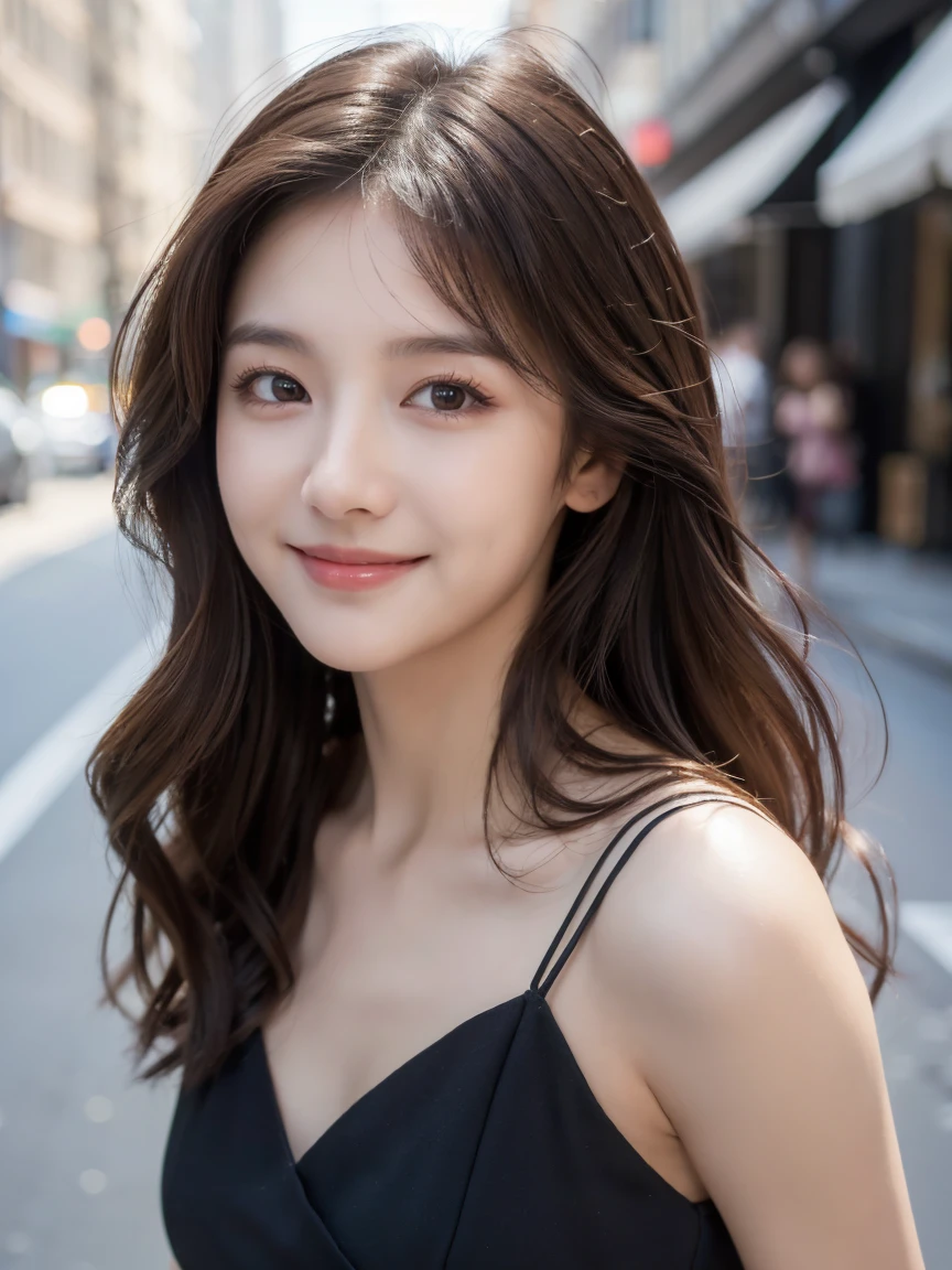 ((best quality, 8k, masterpiece :1.3)), 1 girl, smiling, whole body, face slimming, pretty Woman, (Dark brown hair), full length short dress :1.1, Super detailed faces, delicate eyes, double eyelids, long wavy hair, blurred background, face slimming, City, external, street, Random body orientation,