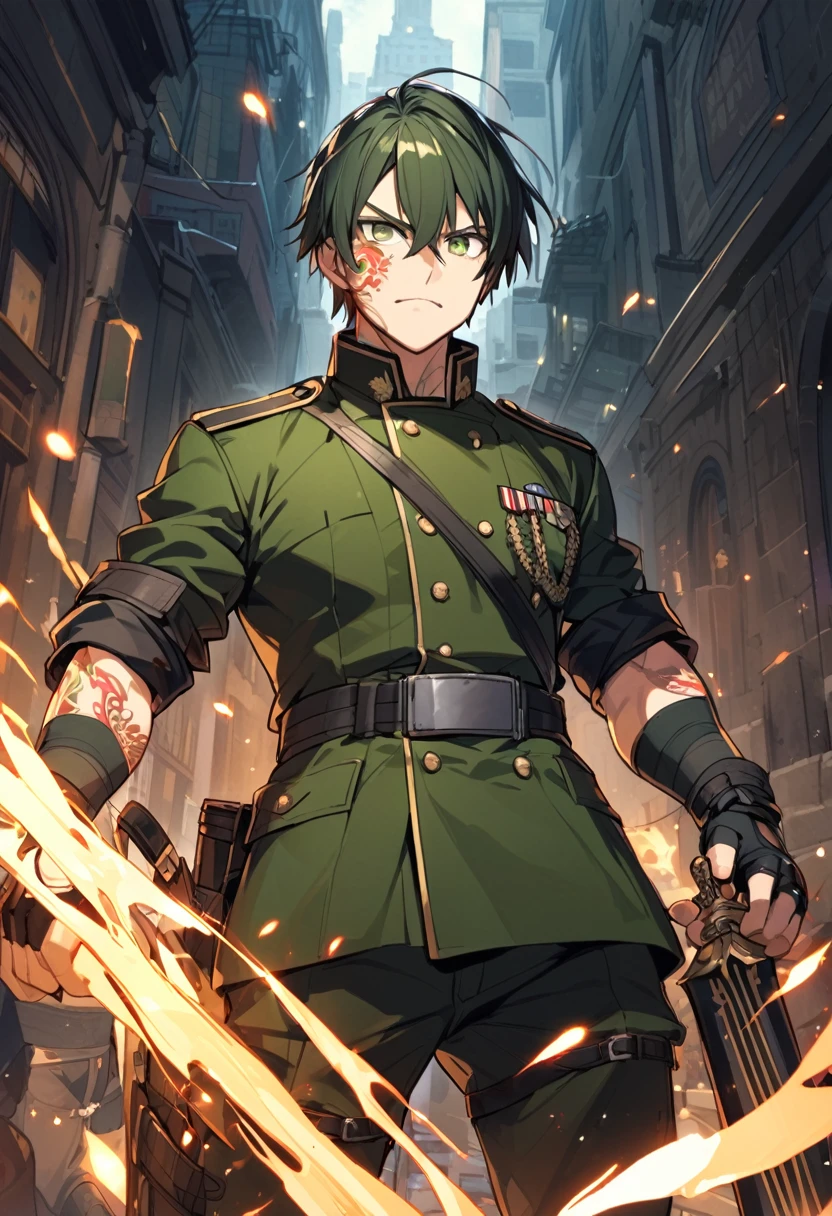 Saito:Height: 1,8 meters.hair: black and short.body: robust, but not fat.eyes: dark.outfit: He wears a dark green military-style uniform., with combat boots.Accessories: He wears fingerless gloves and has the sleeves of his uniform rolled up..tattoo: He has a tattoo on one of his arms.facial expression: serious.weapon: A sword tied to his waist.