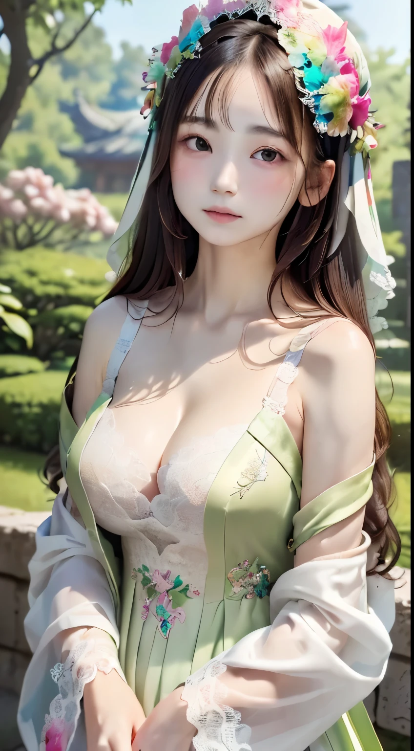 (8k, RAW photo:1.2), best quality, ultra high res,dramatic angle,(fluttered detailed color splashs), (illustration),(((1 girl))),(long hair),(rain:0.9), (Headdress:1.4),There is an ancient palace beside the girl,Hanfu,(Key Points),Color ink painting,(Splash of Color),Splash of Color,(((colorful))),(sketch:0.8) , Masterpiece, best quality, beautiful painted, highly detailed,(denoising:0.6),[splash ink],((ink refraction)), (beautiful detailed sky),moon,highly,detaild,(masterpiece, best quality, extremely detailed） CG Unity 8k Wallpaper，masterpiece，best quality，Ultra Detailed），（Lycoris）. hanfu open v open V-chested clothes Thin silk lace dress , (huge ，cleavage),, white pink and gren，best qualtiy，tmasterpiece，Ultra-high resolution，（Reality：1.4），RAW photogr，（True skin texture：1.3），（filmgrain：1.3），（Selfie angle），1个Giant Breast Girl，Beautiful eye and face details，tmasterpiece，Best quality at best，，The chest more exposed， detailed hair, bra green and pink white , detail 8k, upper body, lace petticoat